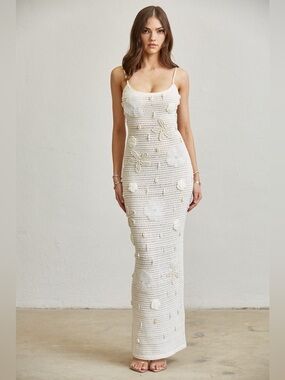 Pearls & Seashells Embellished Crochet Maxi Dress - Blithe